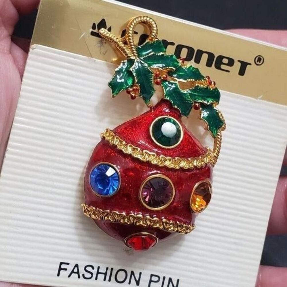 Coronet Gold Tone Red Green Enamel Holiday Ornament Brooch